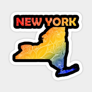 Colorful mandala art map of New York with text in blue, yellow, and red Magnet