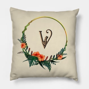 Circle frame with tropical flowers and girl figure around letter V Pillow