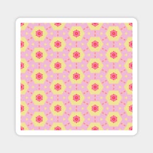 Kaleidoscopic shapes with 1960s flowers, in pastel pink and yellow Magnet