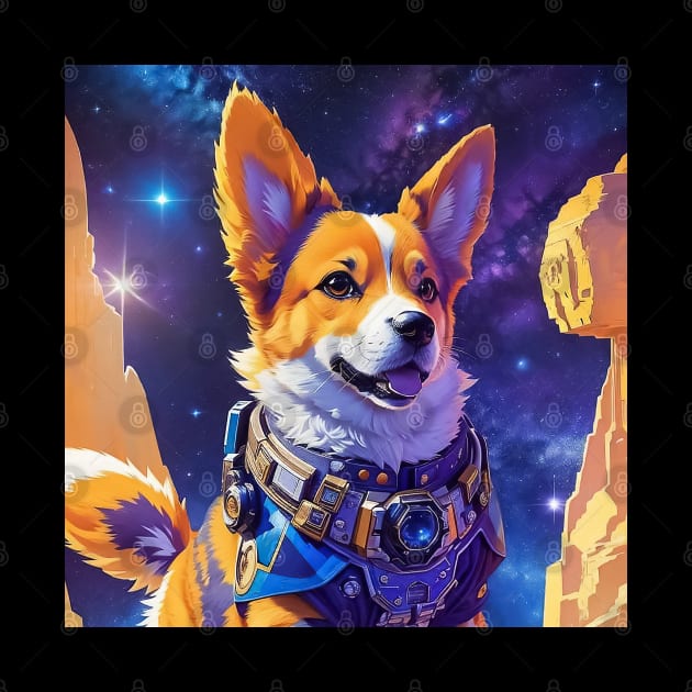 Retro welsh corgi dog travel in space by TomFrontierArt