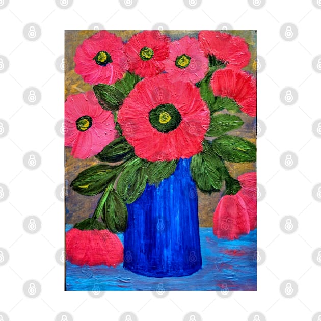 Bright pink flowers in a tall vase by kkartwork