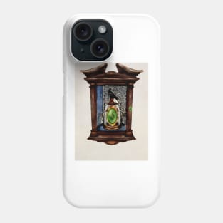 Cursed Emerald In Wood Cabinet of Curiosity With Raven Gold Ring Flanked by Marble Angels in Blue Velvet with Renaissance Background Phone Case