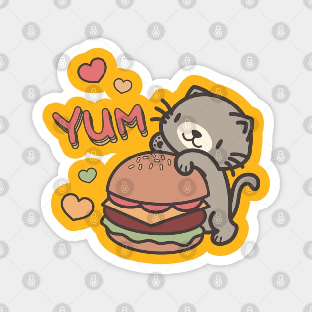 Cute Hungry Cat with Cheeseburger Magnet by MedleyDesigns67