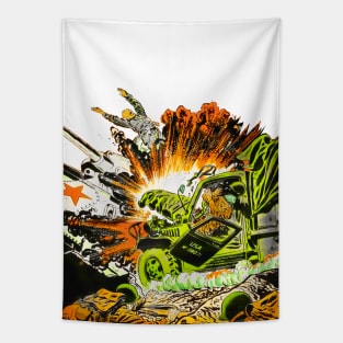 Tales of Men Under Fire. Do or die. Comic Soldiers in War Radio Transmitter Bomb Explosion. Fighting Fronts. Retro Vintage Tapestry