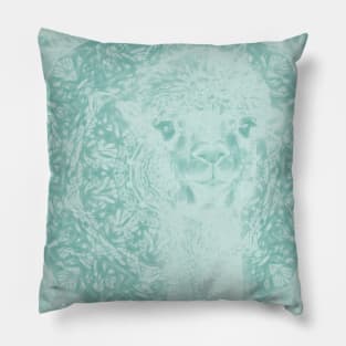 Happy Ghostly alpaca and mandala in Limpet Shell Blue Pillow