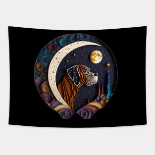 Boxer Dog Portrait in Space Crescent Moon Stars Cute Art Digital Painting Tapestry