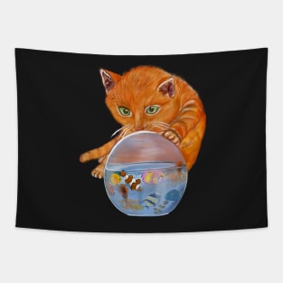 Curious kitten with Aquarium Globe - cute ginger cat with Octopus squid and friends  tropical Coral reef fish rainbow coloured / colored   fish and octopus swimming under the sea Tapestry