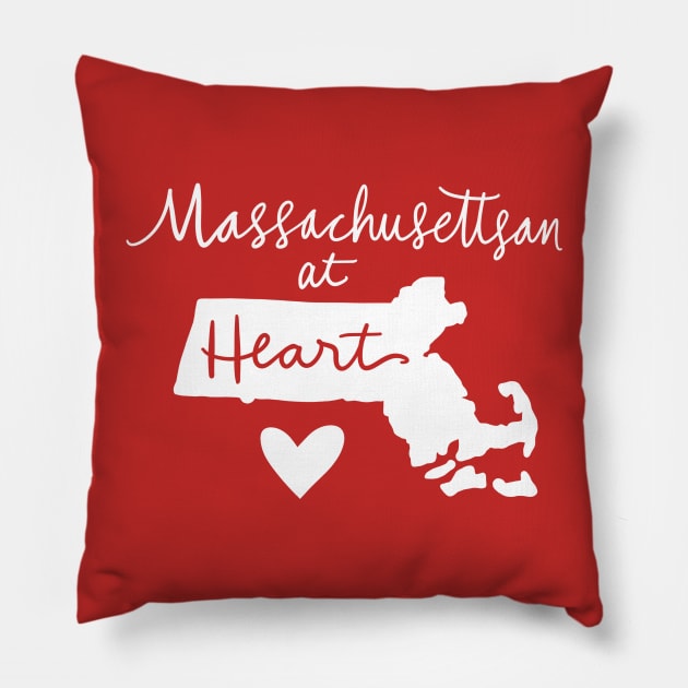 Massachusettsan At Heart: Massachusetts State Pride Calligraphy Home State Silhouette Art Pillow by Tessa McSorley