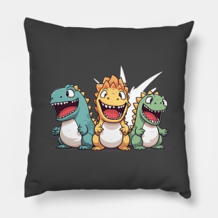 three Godzilla happy mood in kawaii cartoon style Pillow