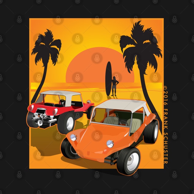 Red and Orange Dune Buggies on Beach w Sunset by PauHanaDesign