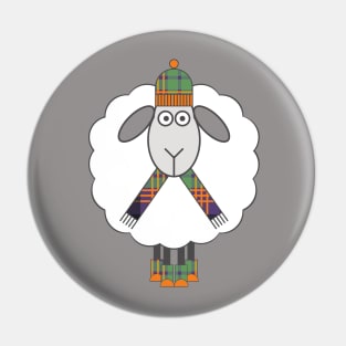 Cosy Winter Sheep with Orange, Green and Purple Tartan Hat, Scarf and Boots Pin