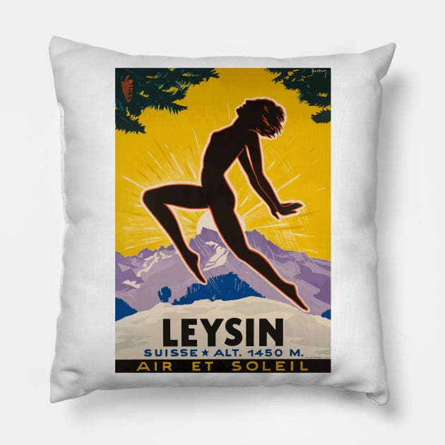 Air and Sun in Leysin, Switzerland - Vintage Travel Poster Design Pillow by Naves