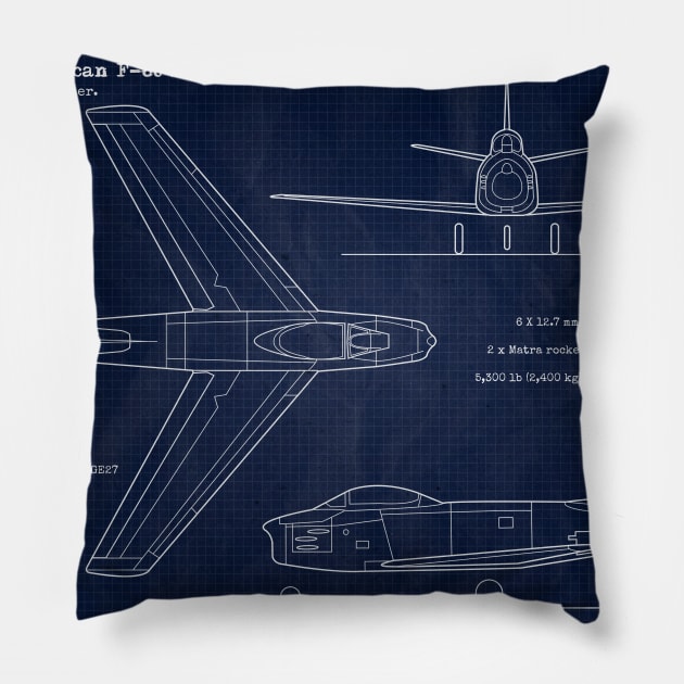 F86 Sabre Blueprint Pillow by Aircraft.Lover