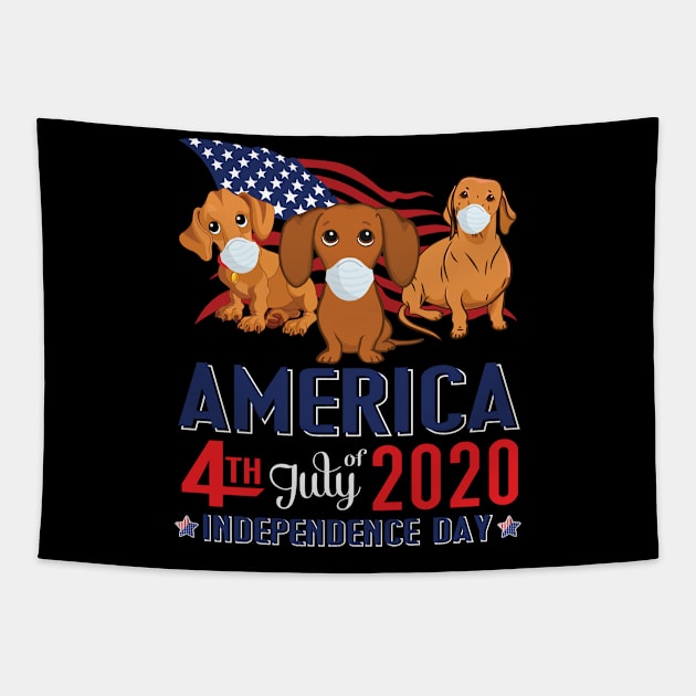 Dachshund Dogs With US Flag And Face Masks Happy America 4th July Of 2020 Independence Day Tapestry by Cowan79