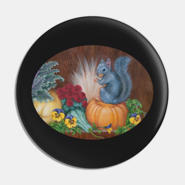 Gray Squirrel on Pumpkin with Fall Flowers Pin by AnimalWhimsy