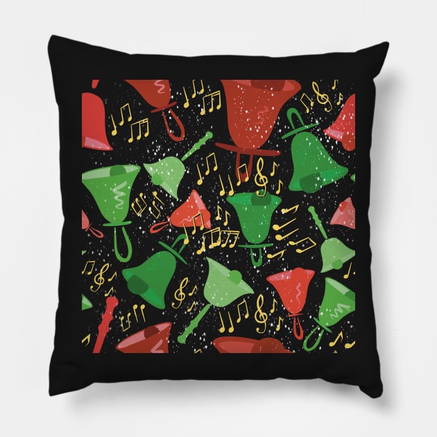 Snowing White Christmas Colorful Handbells And Notes With Snow Holiday Pattern Pillow by SubtleSplit