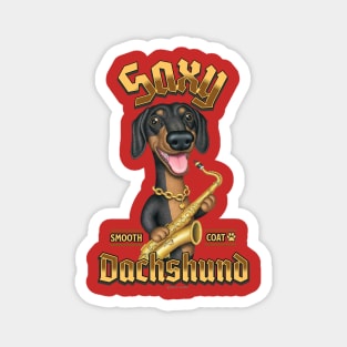 Fun Doxie Dog with sax with gold colored words Magnet