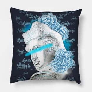 Apollo head statue with a blue peony flowers and buds on a black background. Pillow