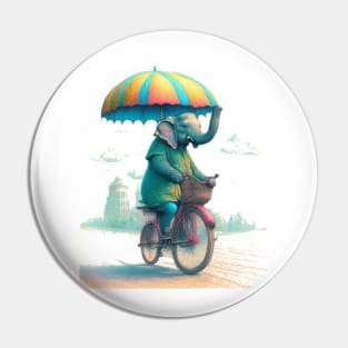 An elephant on a bicycle, holding an umbrella. Pin