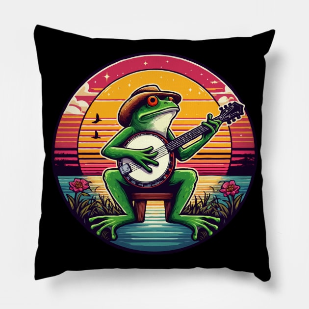 Frog Playing Banjo, Retro Sunset Pillow by MoDesigns22 