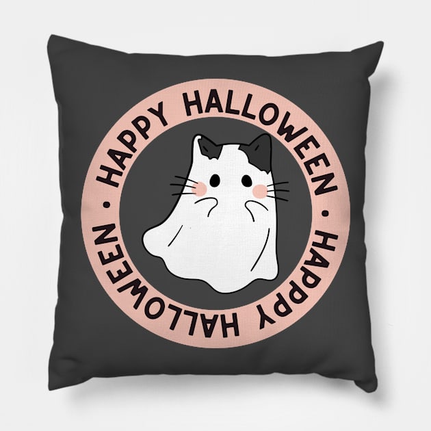 Cute Kitty Cat Ghost Creepy House Halloween Pillow by Sleepy Time Tales