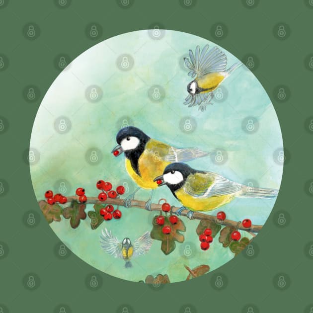 Great Tit Birds on a Hawthorn Branch by Julia Doria Illustration