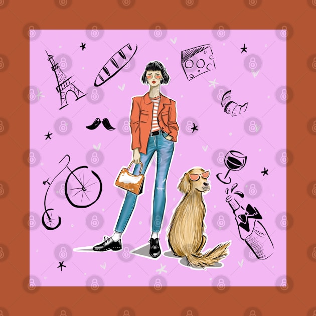 My Dog and Me in Chic Orange Glasses (Paris Background) by Ji Illustrator