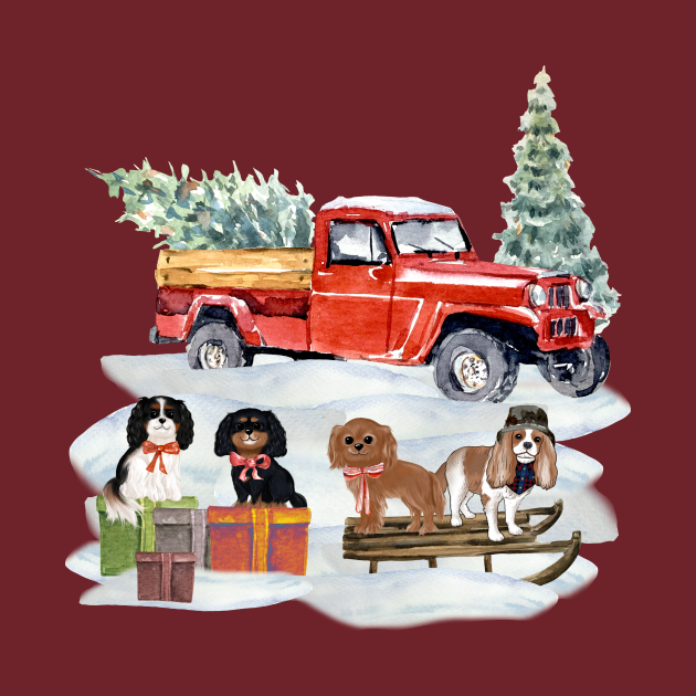 Disover Winter Holiday Cavaliers with Red Truck - Cavalier King Charles Spaniel - T-Shirt