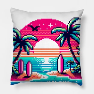 Neon Pixel Paradise - 8-Bit Tropical Beach Art Pillow