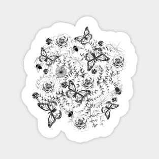 Black and white Butterflies and Bees Pattern Magnet