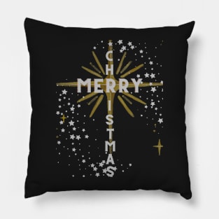 Merry Christmas Cross and Star Silver Letters on Black Pillow