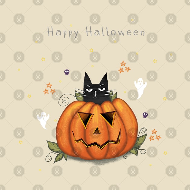 Halloween cute black cat and spooky pumpkin. by Olena Tyshchenko