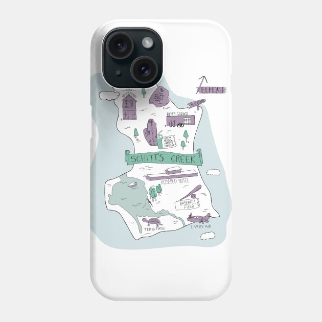 The Town of Schitt's Creek, hand drawn map of all of the town landmarks in purples, blues and minty greens. Phone Case by YourGoods