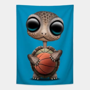 Cute Baby Turtle Playing With Basketball Tapestry