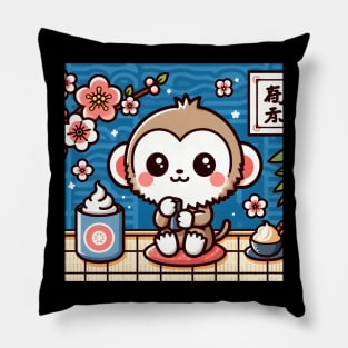 Cute Little Flower Monkey Drinking Tea and Eating Ice Cream Japanese Classic Art Pillow