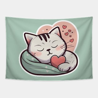 Sleepy Cat Valentine's Day Tapestry