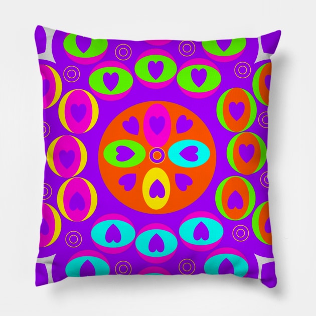 Purple Love Hearts. A fun retro seamless pattern in purple, blue, pink, green, yellow and orange. Pillow by innerspectrum