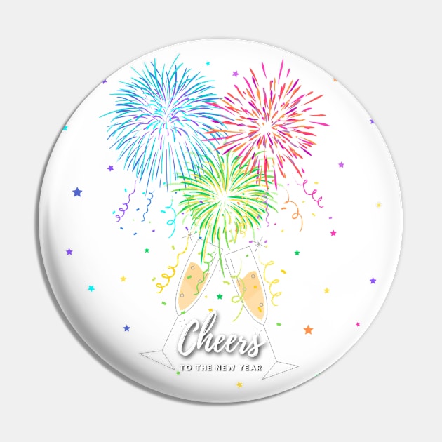 Cheers to the New Year Fireworks, Champagne Flutes and Stars Pin by Deez Pixel Studio