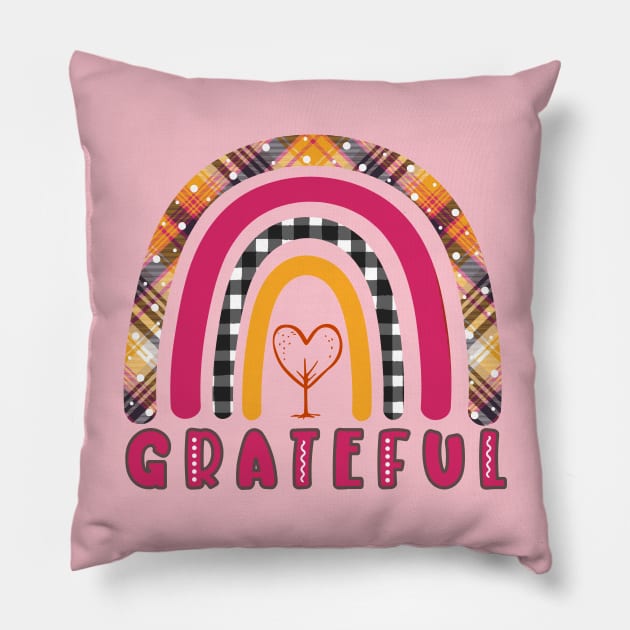 Grateful Boho Rainbow with Plaid, Polka Dots, Black and White Checker and Heart Tree Pillow by Unified by Design