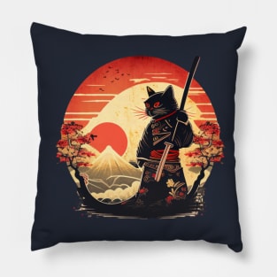 Ninja Cat Japanese Vintage Sunset Sword Pillow