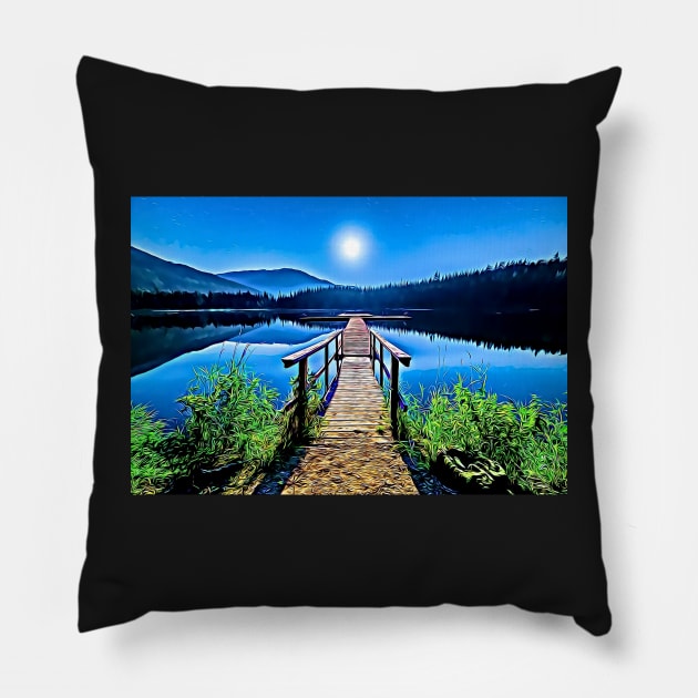 Garibaldi Provincial Park Lakeside Dock Moonlit Night Pillow by BubbleMench