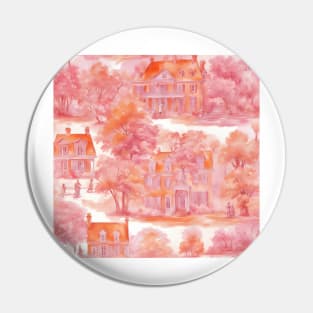 French country mansion watercolor sketch in pink and orange Pin