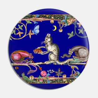 WEIRD MEDIEVAL BESTIARY THREE HUNTER CATS AND MOUSE IN BLUE NIGHT Pin