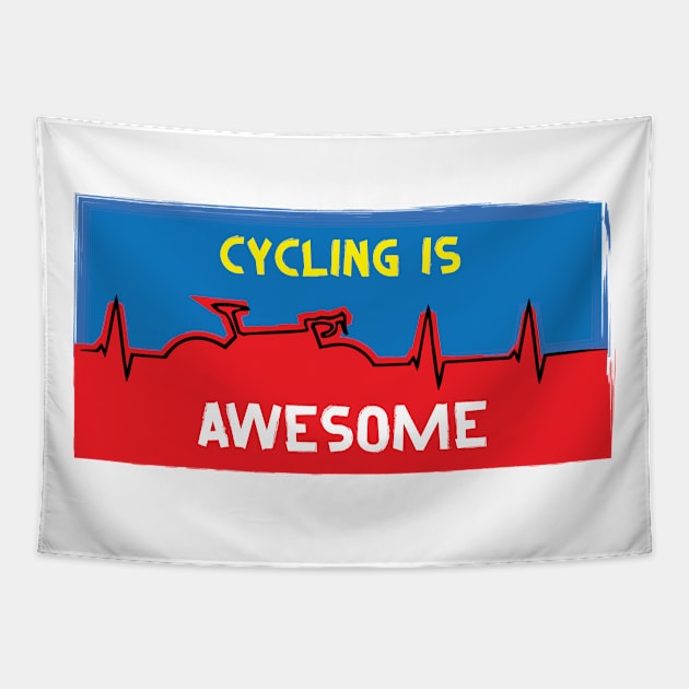 Cycling Is Awesome Heart Beat Line Bicycle Line Blue Red Yellow White Tapestry by ActivLife