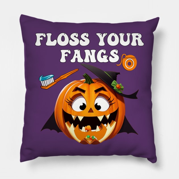 Funny Floss Your Fangs Dental Humor Halloween Pillow by tamdevo1