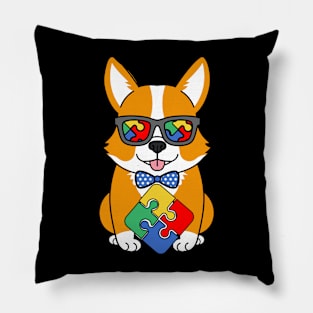 Autism Corgi Dog Mom Dad Awareness Month Puzzle Blue Pillow