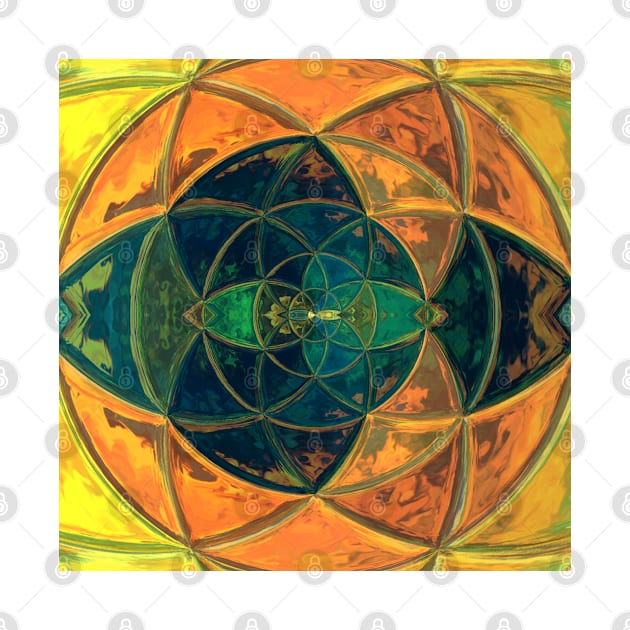 Mosaic Kaleidoscope Flower Blue Green Orange and Yellow by WormholeOrbital