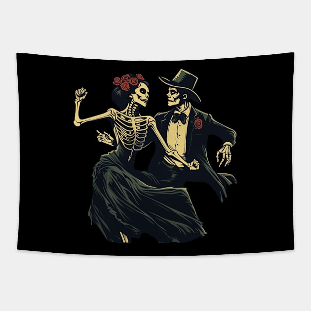 Elegant Skeletons Dancing Modern Style Danse Macabre Tapestry by Piggy Boxer