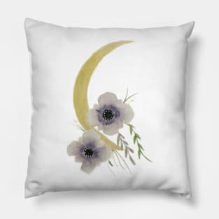 Golden Cresent moon with violets- watercolor - chest logo Pillow