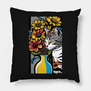 American Shorthair Cat Vibrant Tropical Flower Tall Retro Vintage Digital Pop Art Portrait 3 Pillow